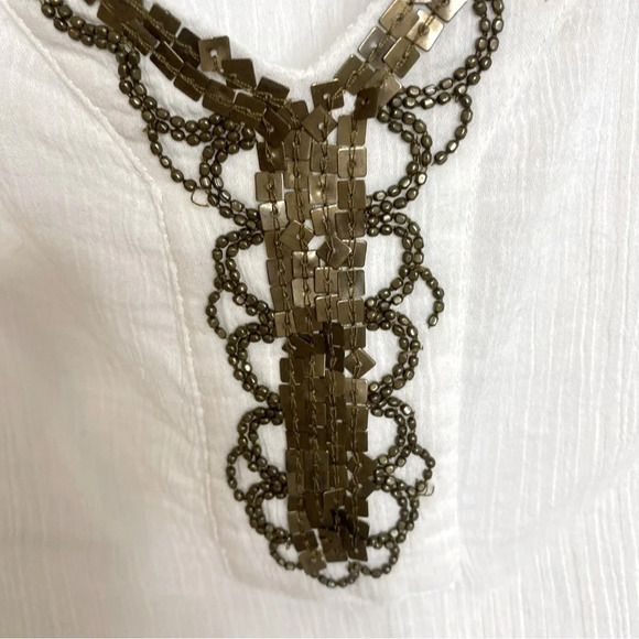 Lucky Brand Gauze Sheer White Blouse w/ Bronze Tone Embellishments Draws… - Picture 6 of 14